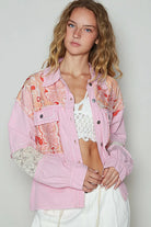 POL Pink Printed Woven Mix Raw Hem Denim Jacket with Lace Detail Pink