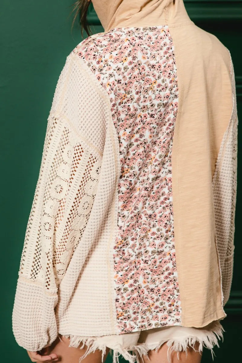 BiBi Taupe Slub Jersey with Lace Combo Buttoned Hoodie Top