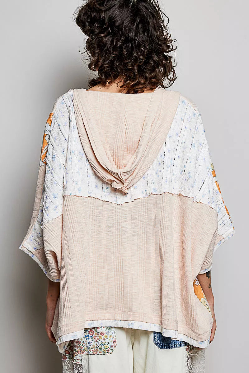 POL Wheat Beige Floral Star Patch Hooded Blouse with Lace Contrast Detail