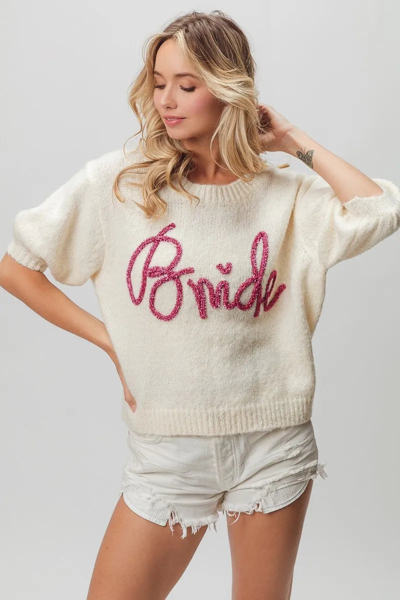 BiBi Ivory Bride Metallic Letter Short Puff Sleeve Hairy Sweater