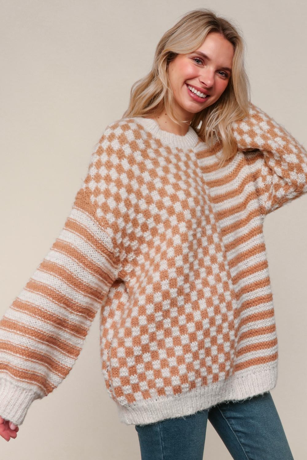 Haptics Taupe & Oatmeal Oversized Checker Stripe Pullover Sweater