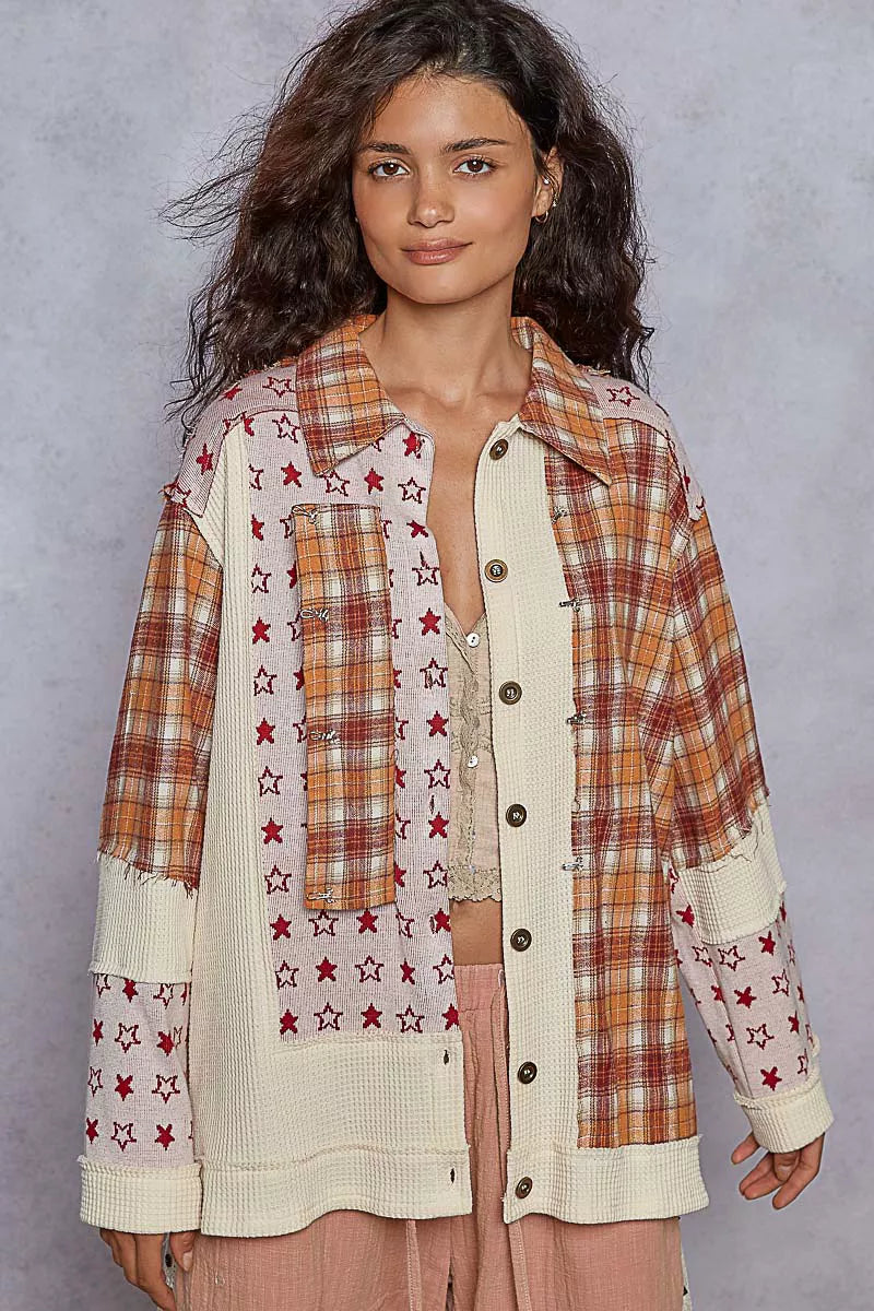 POL Cream Plaid and Star Contrast Button Down Shacket