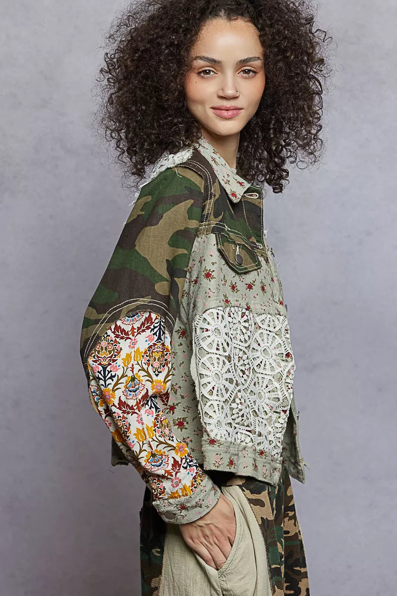POL Olive Multi Floral Printed French Terry Jacket with Crochet Contrast Jacket