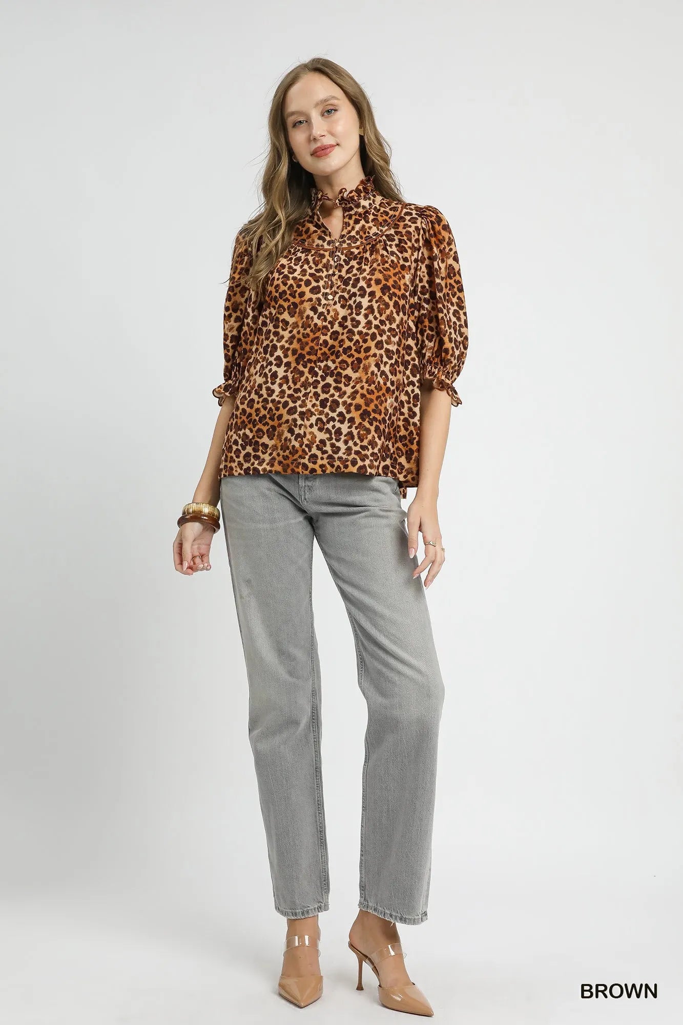 Umgee Brown Leopard Print Ruffle Neck Blouse