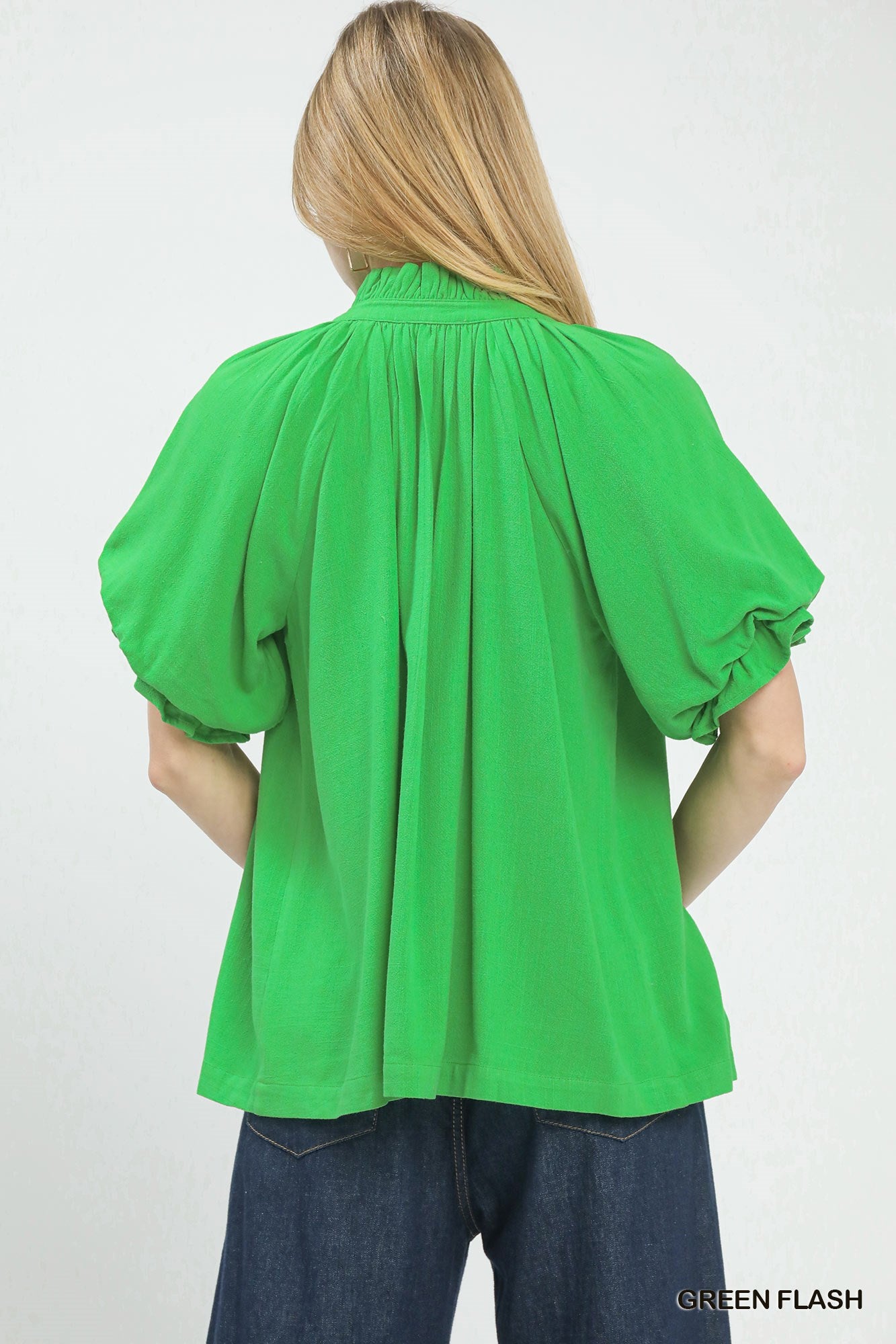 Umgee Green Flash Linen V-Neck Flutter Sleeve Top