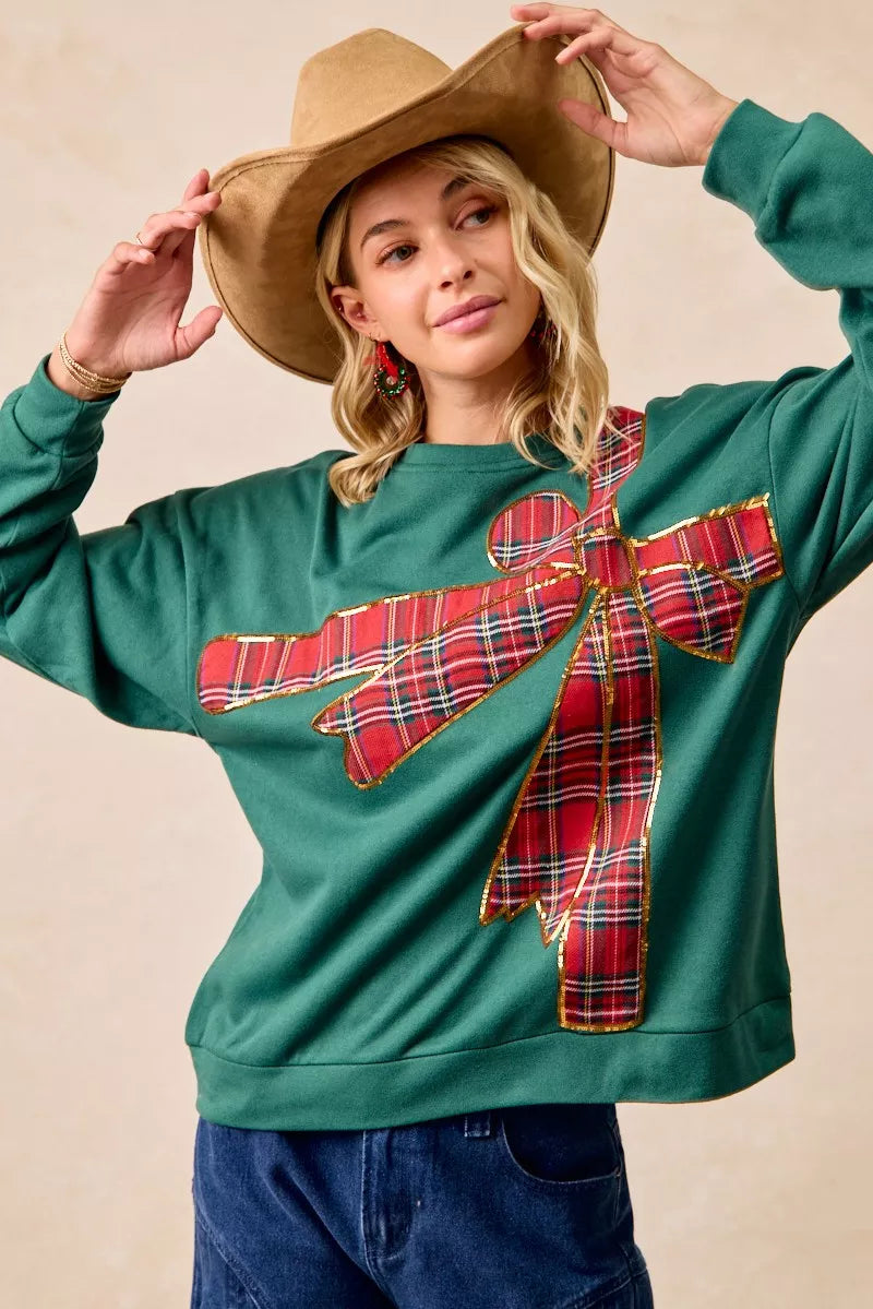 BiBi Plaid Ribbon Bow Detail Christmas Fleece Pullover – Green/Red Plaid