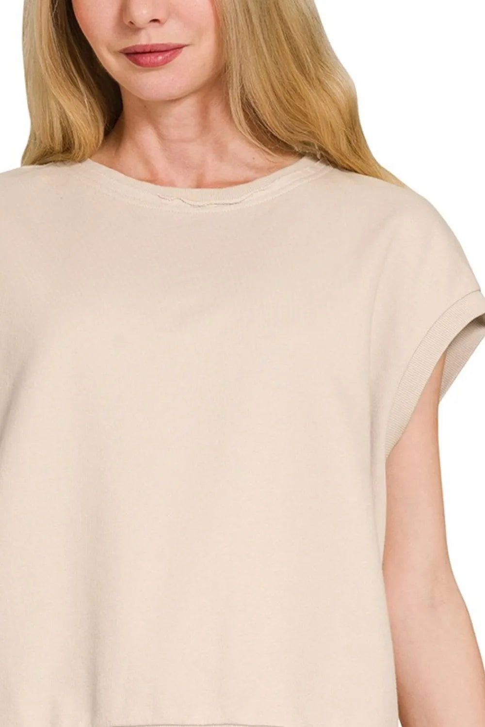 Zenana Sand Beige French Terry Round Neck Cap Sleeve T-Shirt