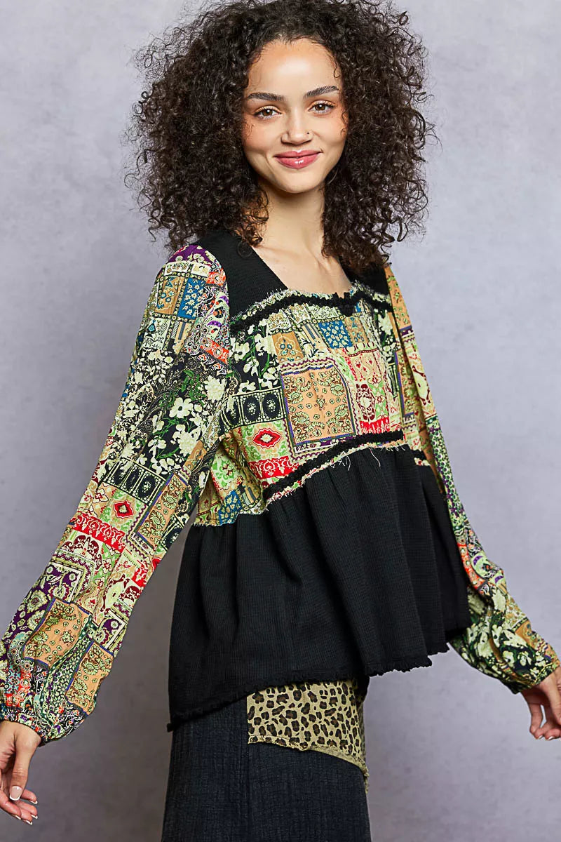 POL Black Balloon Sleeve Peplum Blouse with Trim Detail