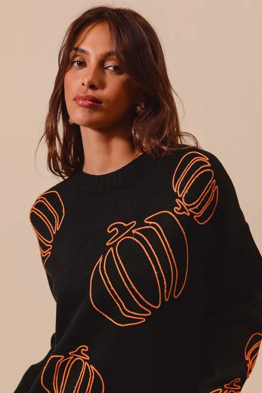SO ME Pumpkin Embroidered Sweater
