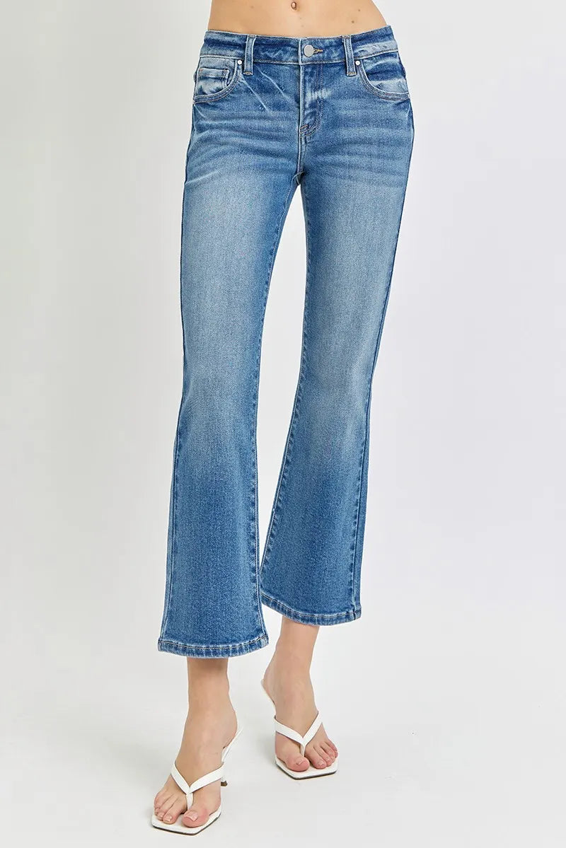 RISEN Medium Washed Low Rise Crop Flare Jeans MEDIUM
