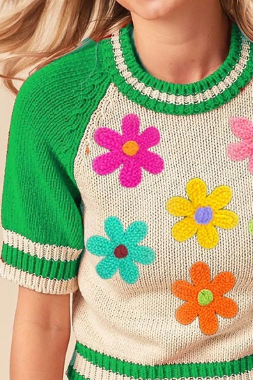 BiBi Jade Crochet Flower Patches Striped Rib Band Sweater