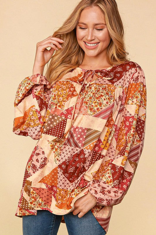 Haptics Rust & Magenta Patchwork Print Front Tie Boho Top