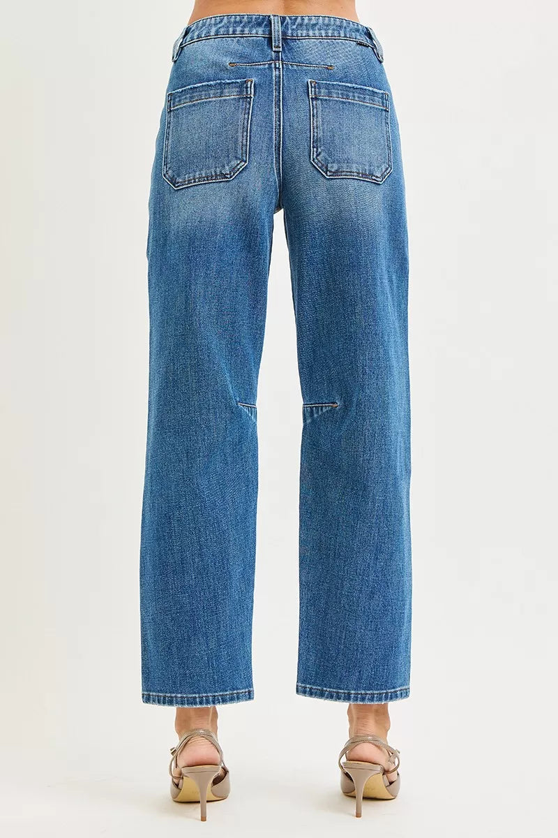 RISEN 4 Way Stretch Mid Rise Barrel Jeans with Patch Pocket Detail