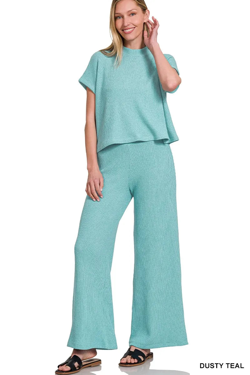 Zenana Dusty Teal Sweater Boxy Top & Long Pants Set DUSTY TEAL