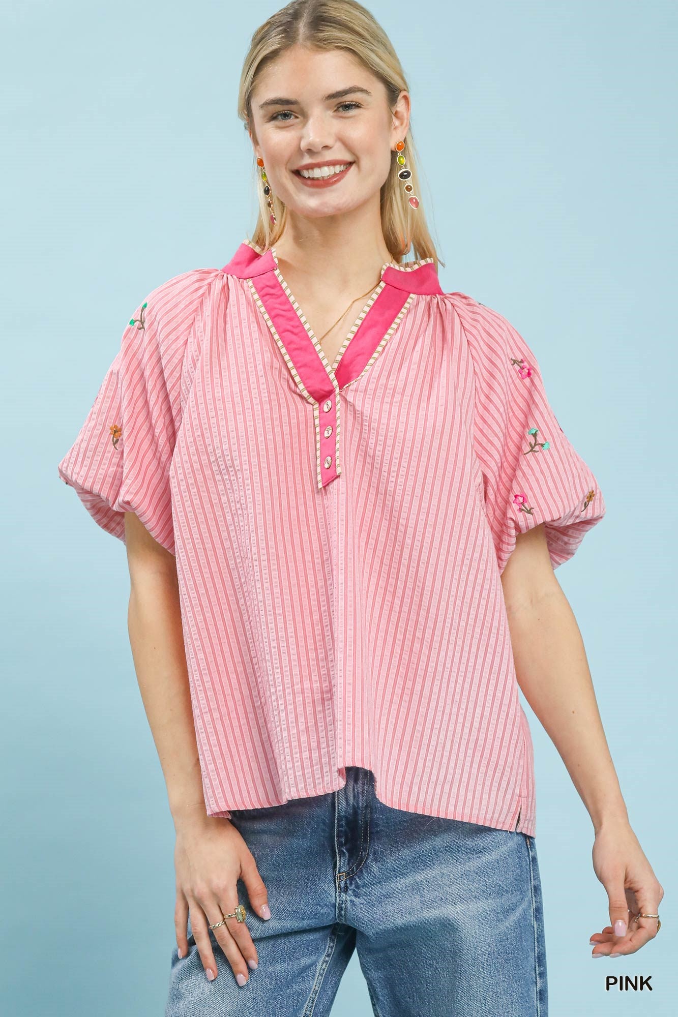 Umgee Pink Embroidered Stripe Top PINK