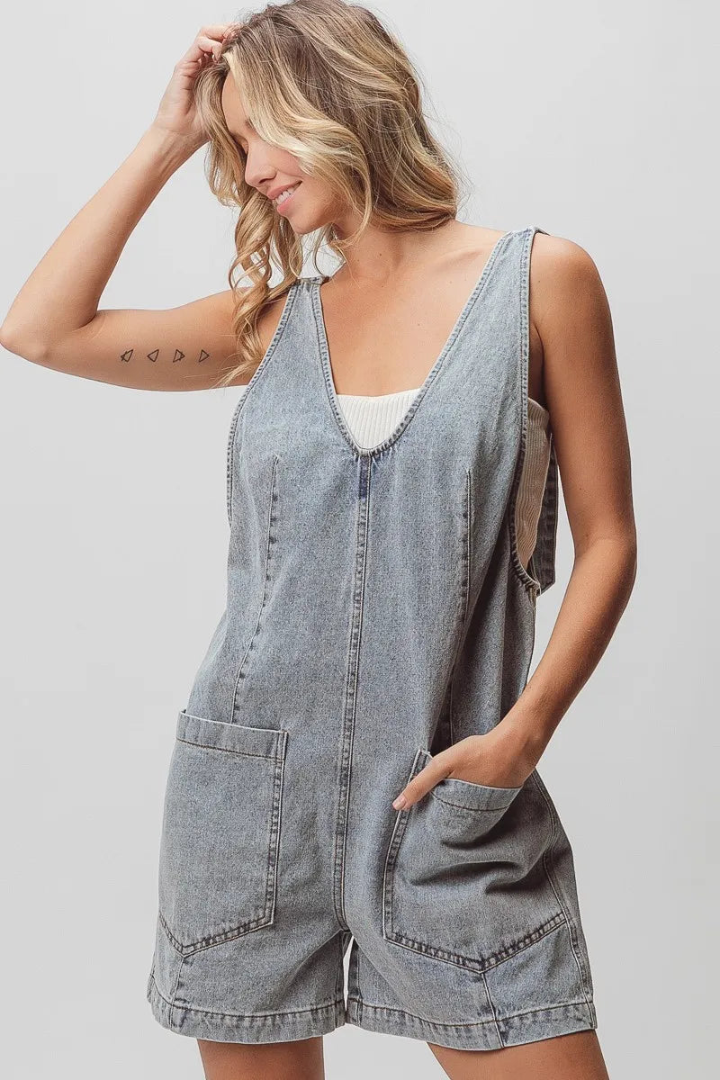 BiBi Patch Vintage Washed Denim Shortall