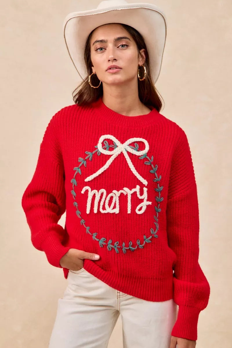BiBi Christmas Wreath Merry Letter Knit Top