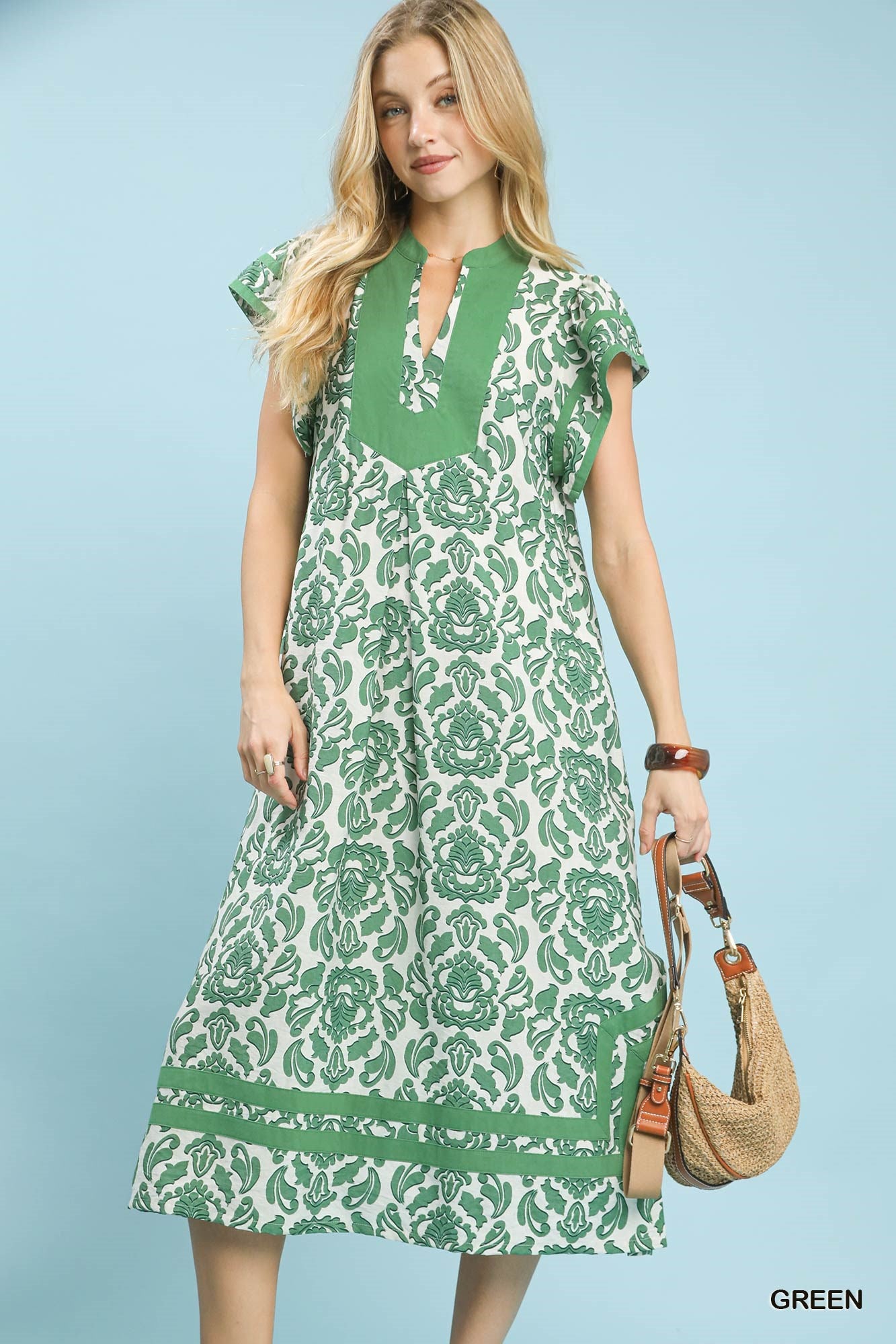 Umgee Green Abstract Two Tone Print Midi Dress GREEN