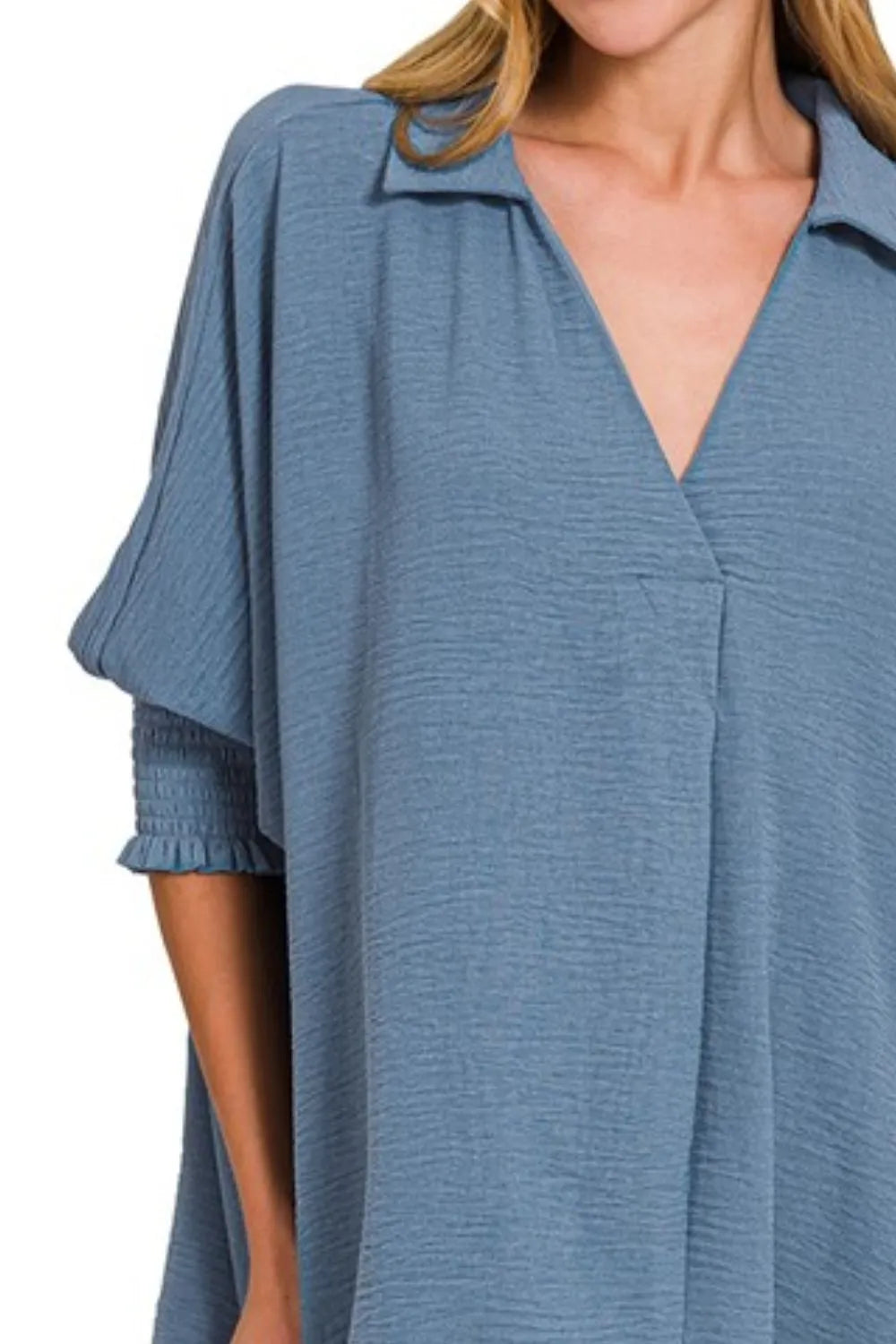 Zenana Dusty Blue Airflow Collar Tee with Smocked Sleeve Band Top