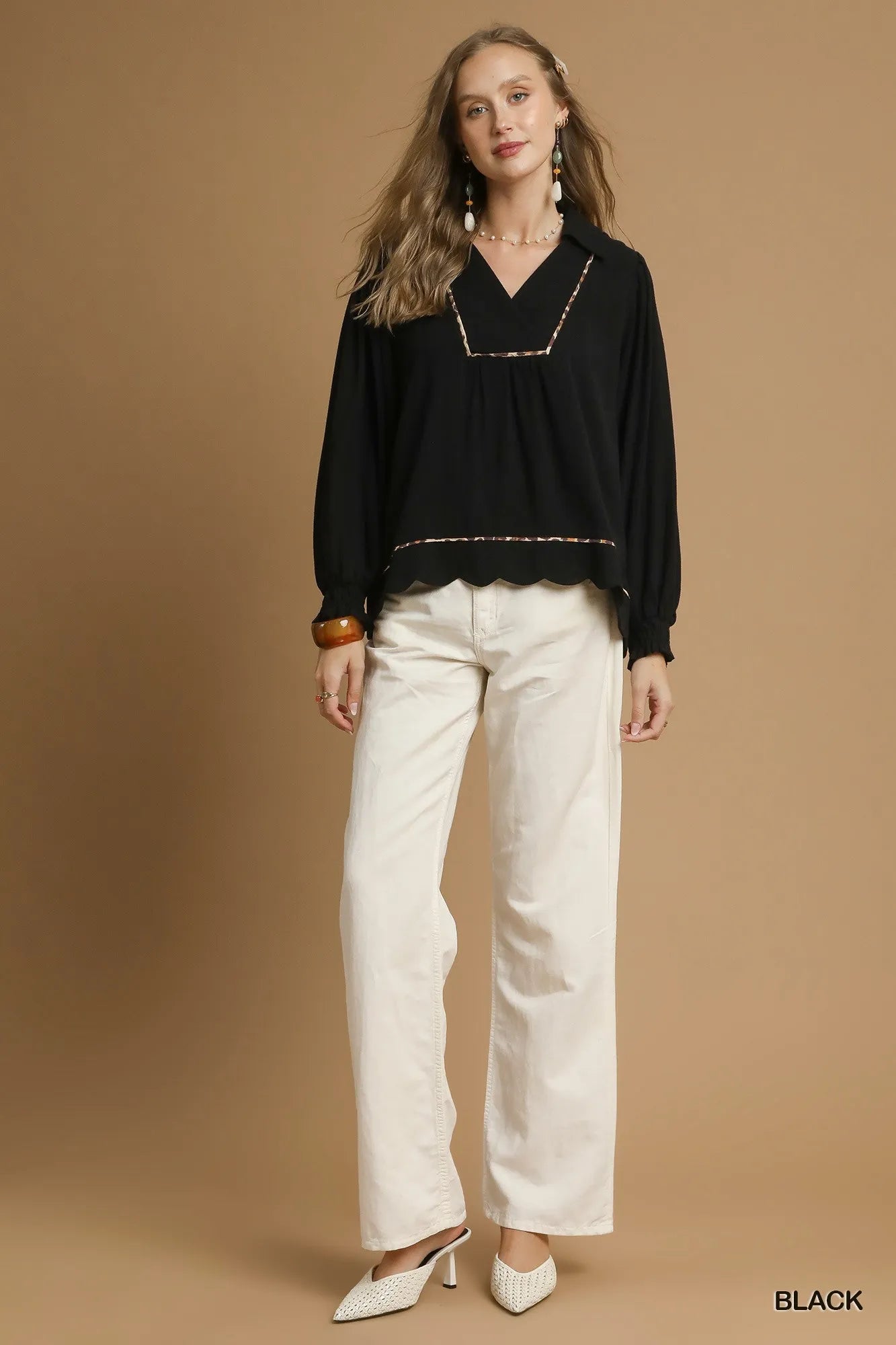 Umgee Black Linen Scallop Hem Blouse with Contrast Trim