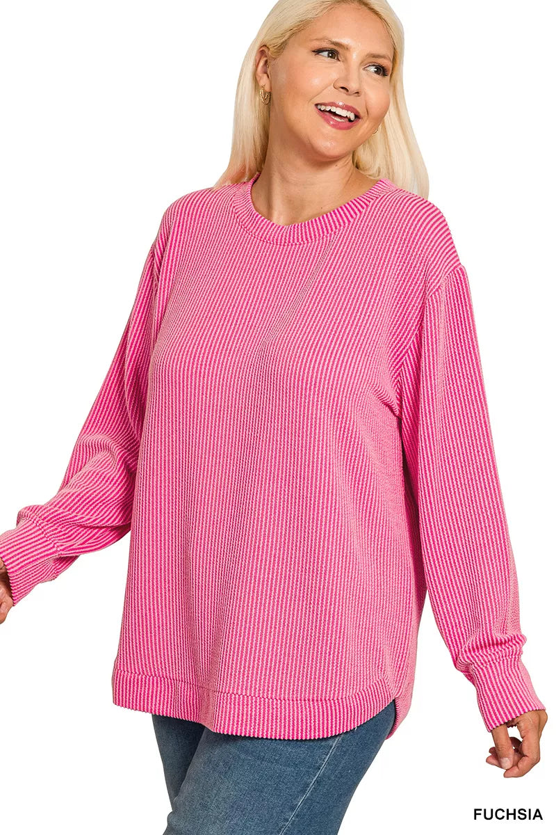 Zenana Dusty Blue Raised Rib Round Neck Long Sleeve Top