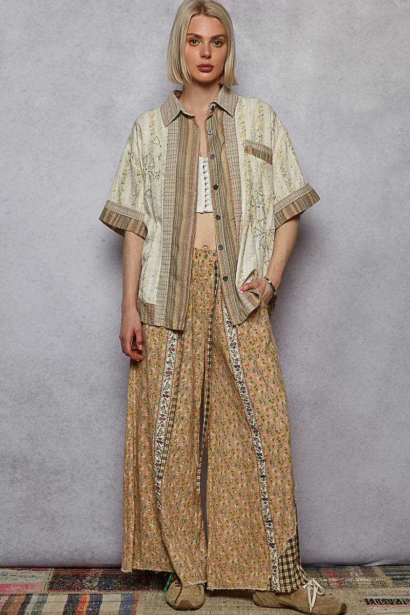 POL Cream Printed Button Down Patchwork Short Sleeve Shirt