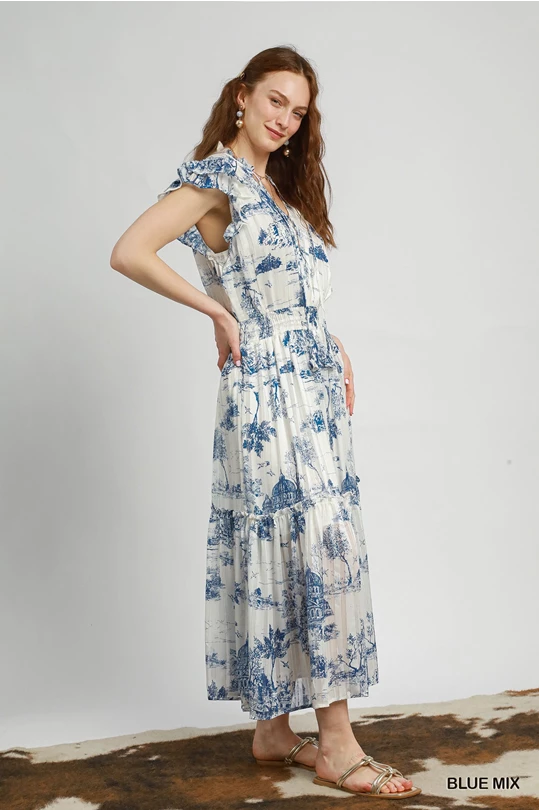 Umgee Sky Blue Two Tone Landscape Print Midi Dress