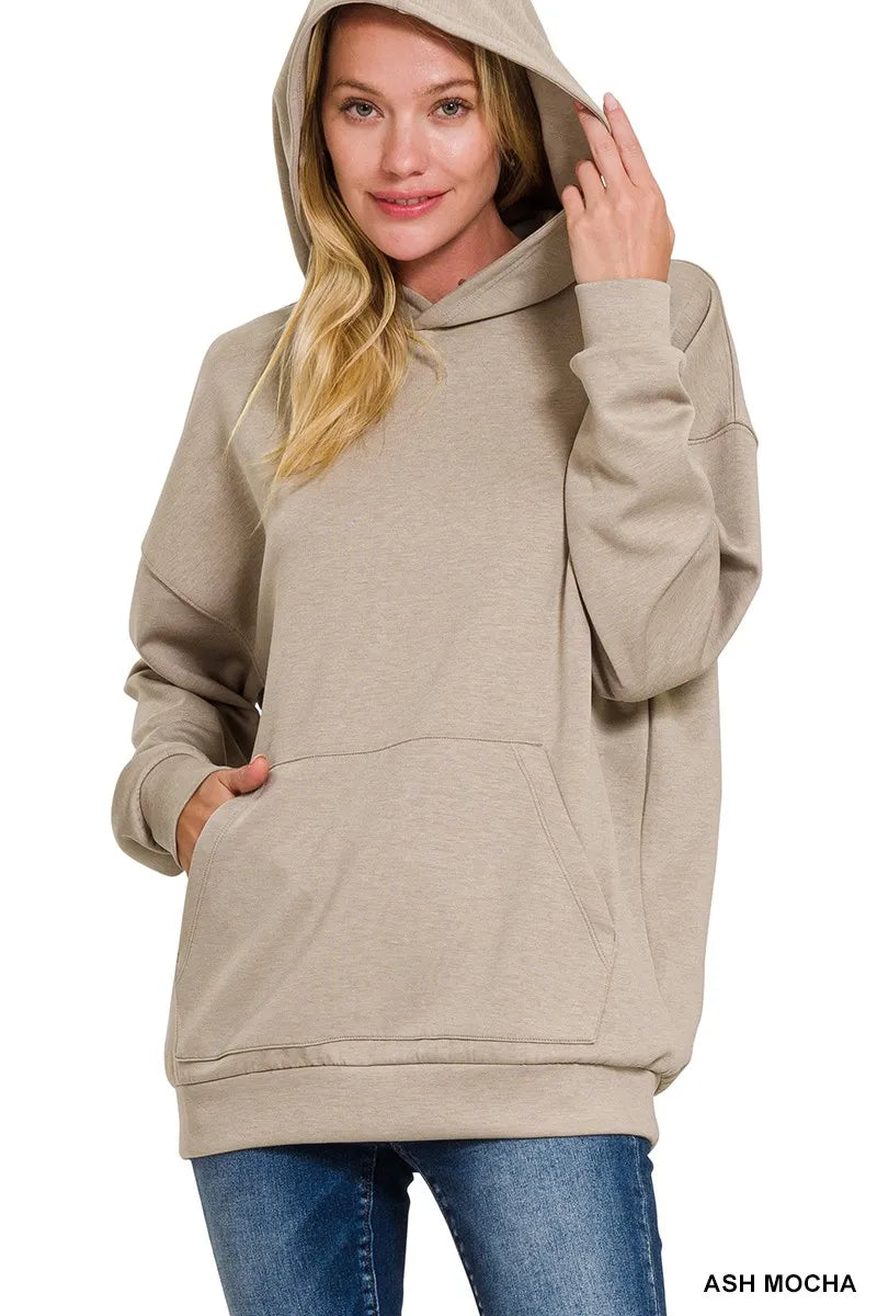 Zenana Ash Mocha Oversized Scuba Hoodie with Kangaroo Pocket