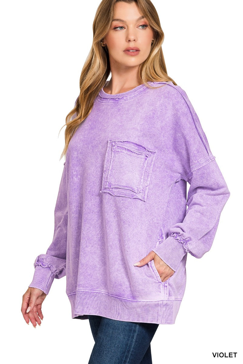 Zenana Violet Halo Washed French Terry Exposed-seam Sweatshirt