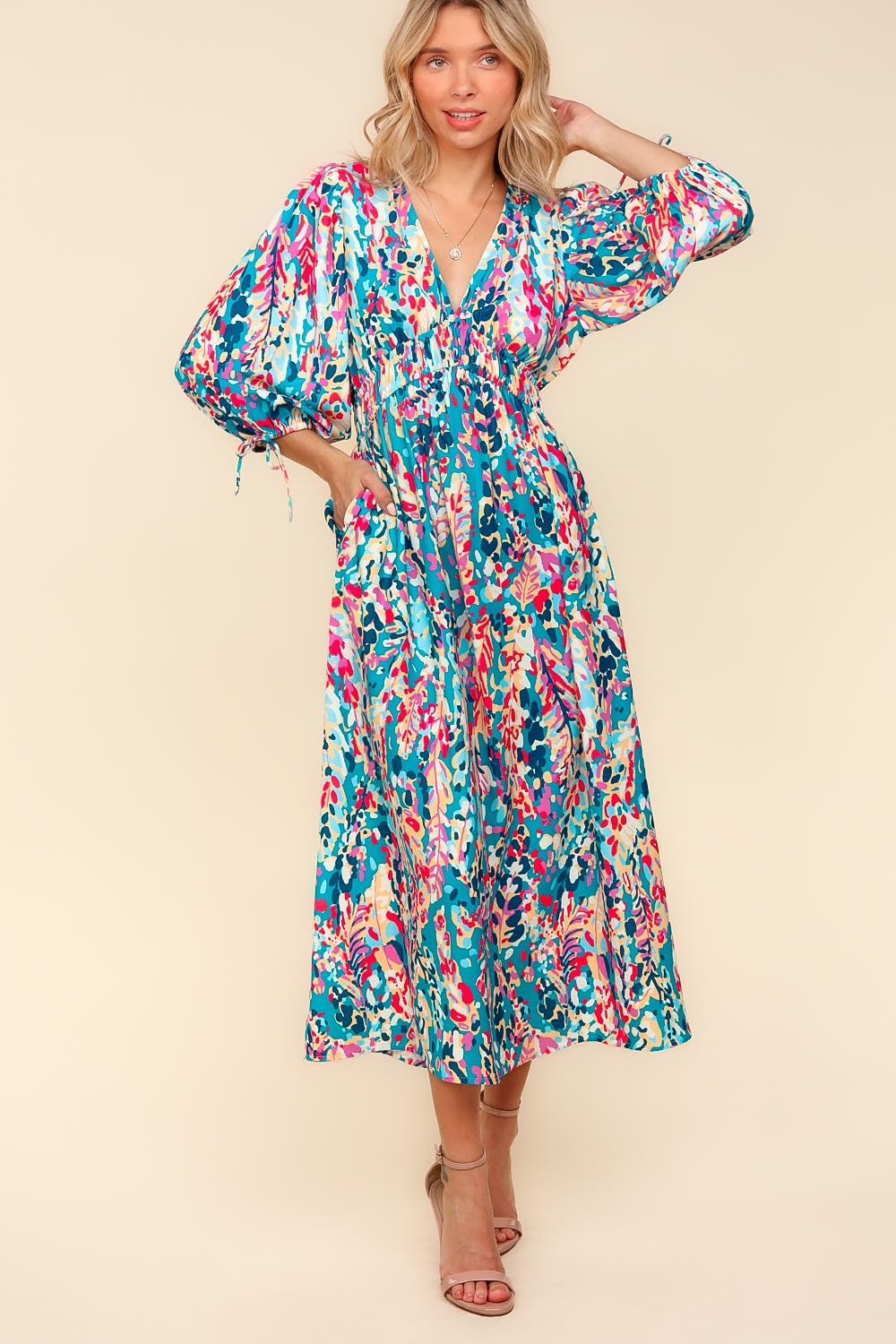 Haptics Turquoise Vintage Floral V-Neck Midi Dress with Side Pockets