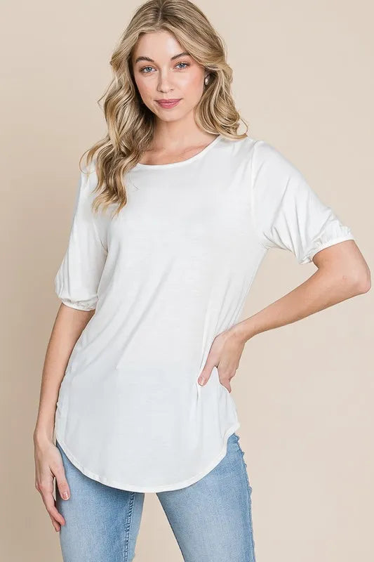 BOMBOM Ivory Round Neck Puff Sleeve T-Shirt