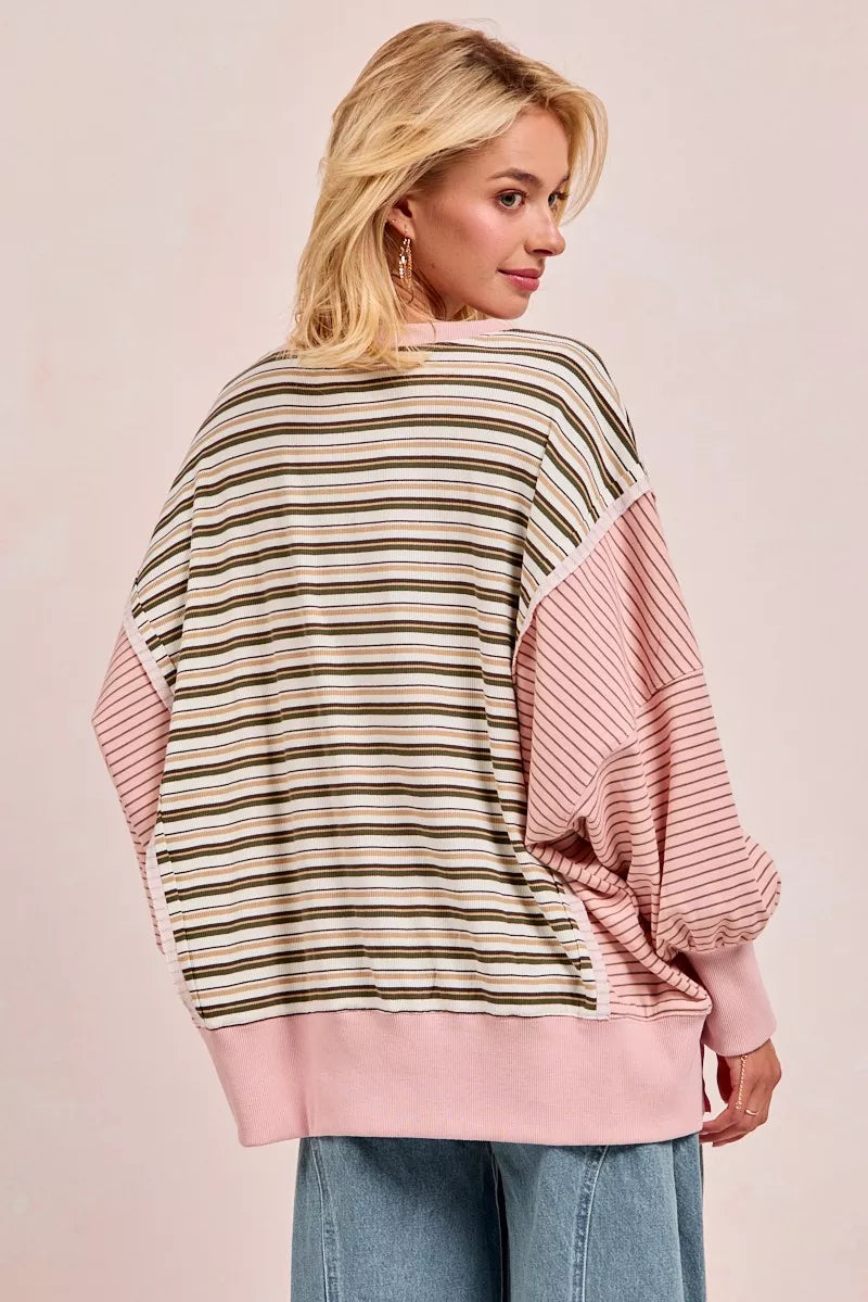 BiBi Oatmeal & Pink Stripe Mixed Top With Cut Edge And Reverse Outseams