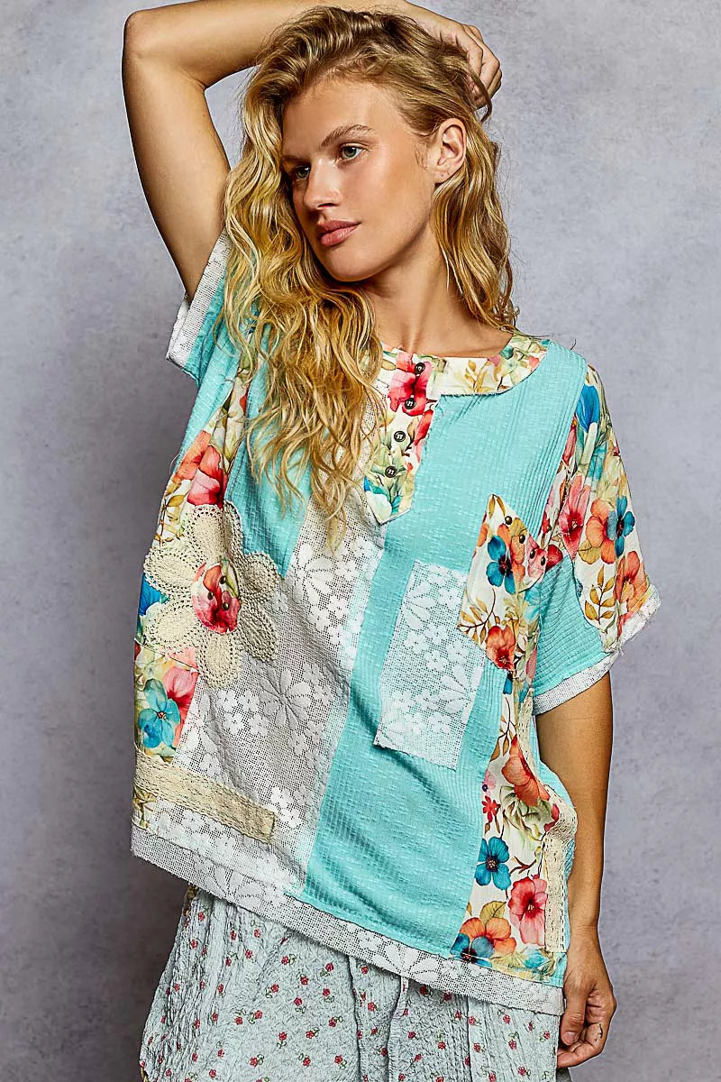 POL Aqua Lace Round Neck Short Sleeve Floral Pattern Top with Patch Detail
