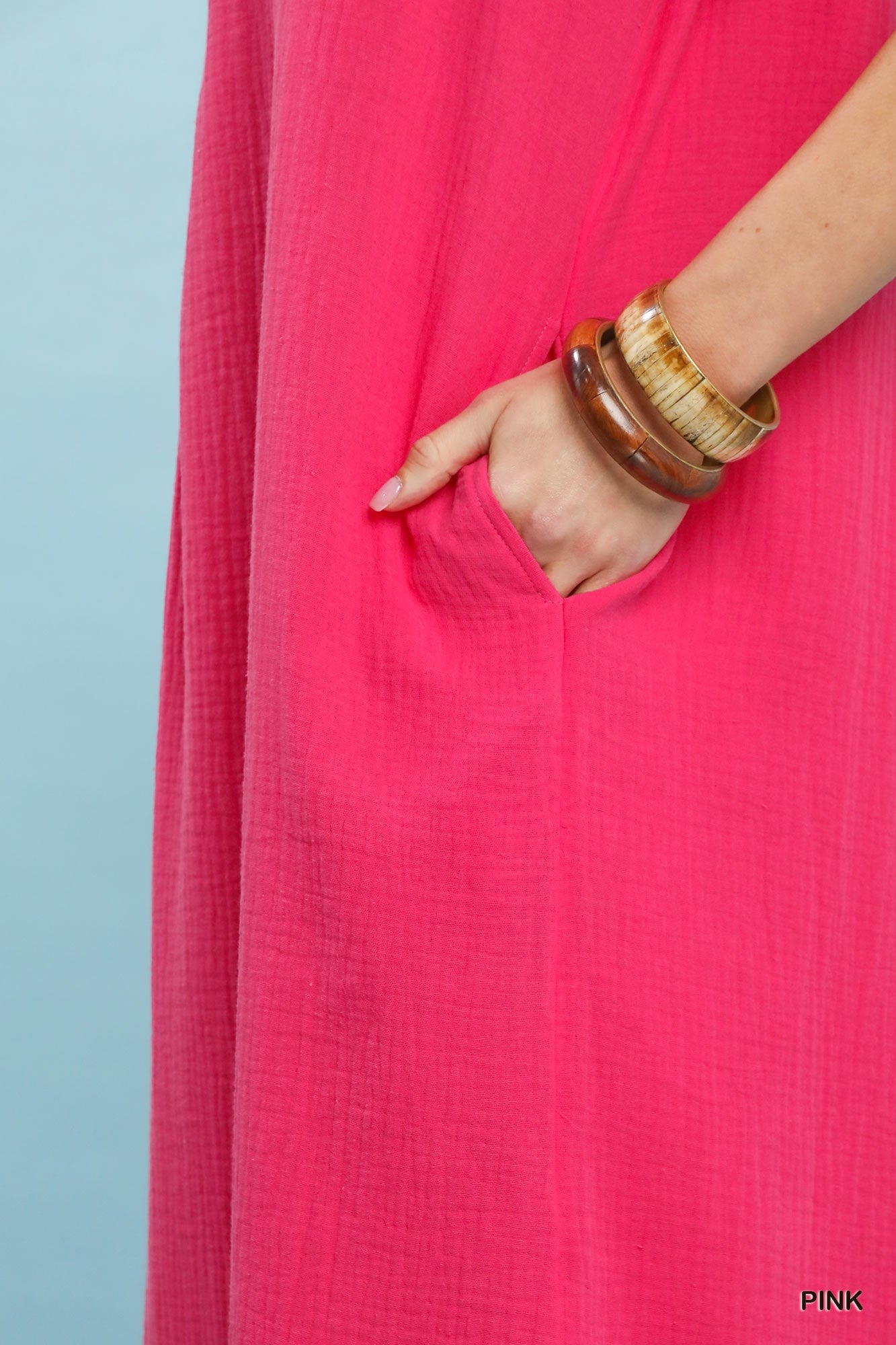 Umgee Pink Button-Front Gauze Midi Dress with Lace Detail