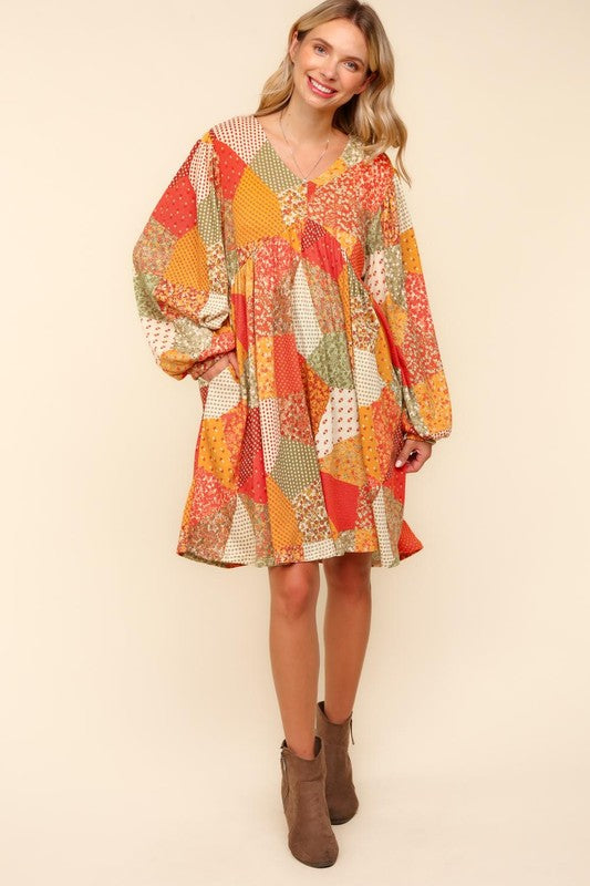 Haptics Fall Waffle Textured Patchwork Babydoll Dress