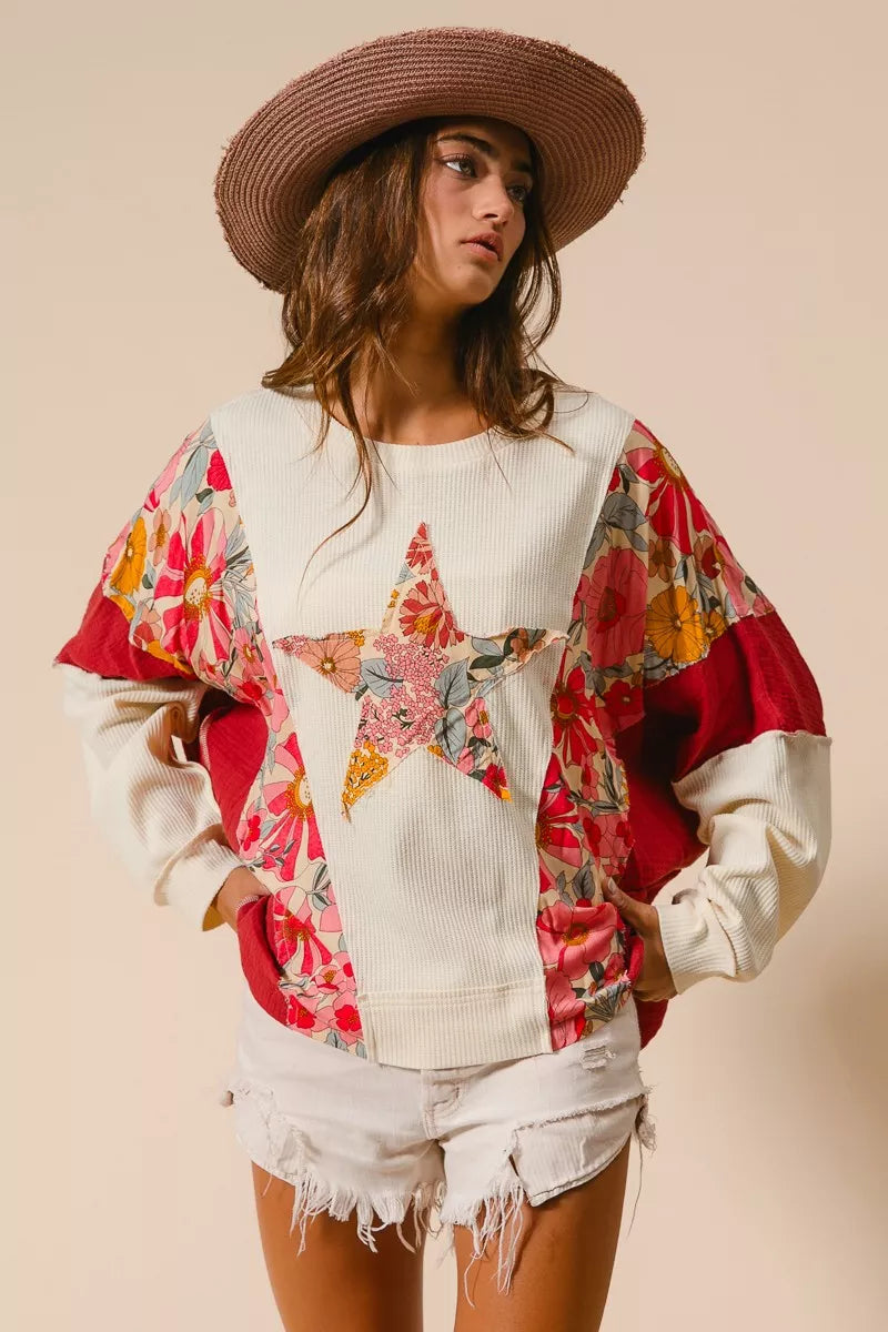 BiBi Floral Print Mixed Star Patch Round Neck Sweatshirt