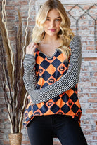 Heimish Pumpkin Checkered Contrast Striped Long Sleeve T-Shirt Orange Black