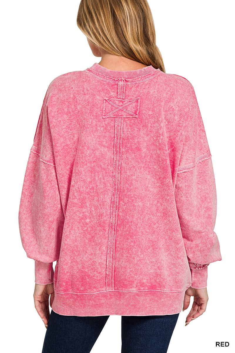 Zenana Red Halo Washed French Terry Exposed-seam Sweatshirt