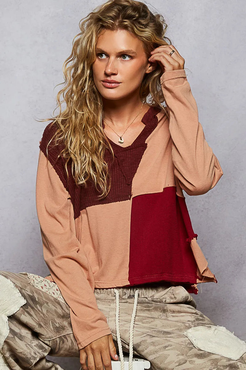 POL Burnt Coral Color Block Notched Long Sleeve T-Shirt Burnt Coral