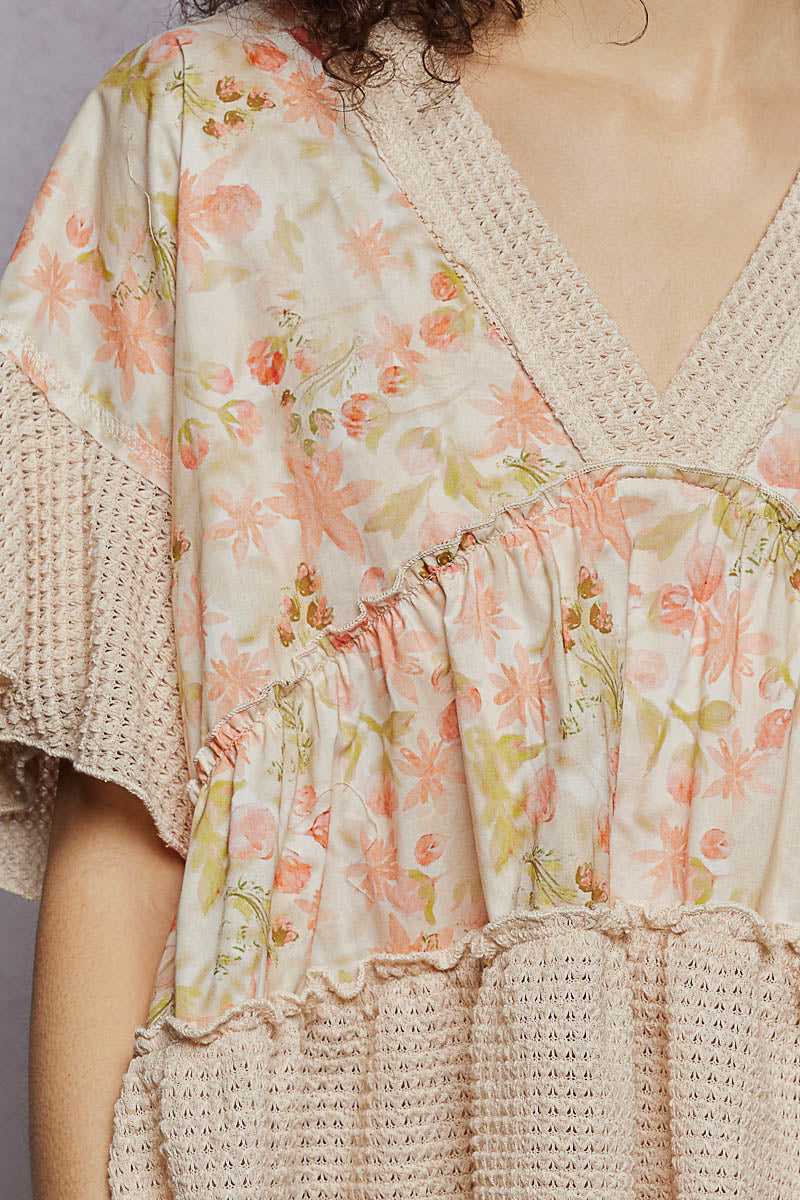 POL Almond Floral Print V-Neck Woven Blouse with Gentle Gathers