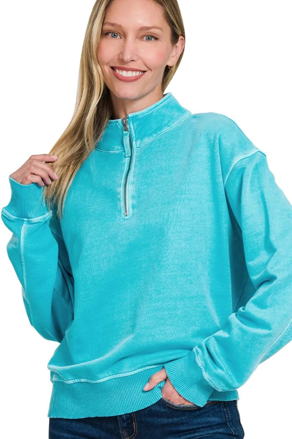 Zenana Ice Blue French Terry Pigment & Enzyme Washing Half Zip Top
