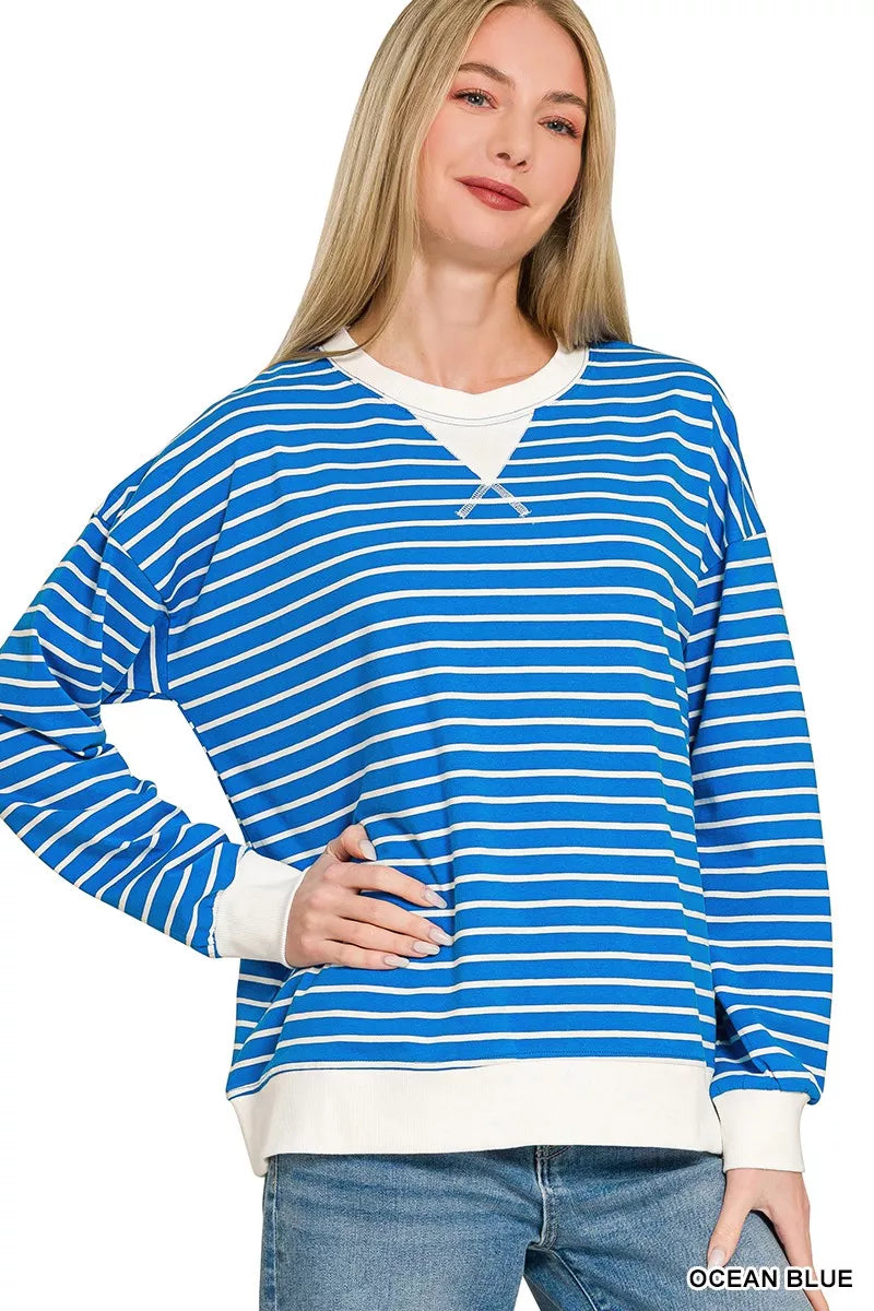 Zenana Ocean Blue Contrast Striped Round Neck Sweatshirt