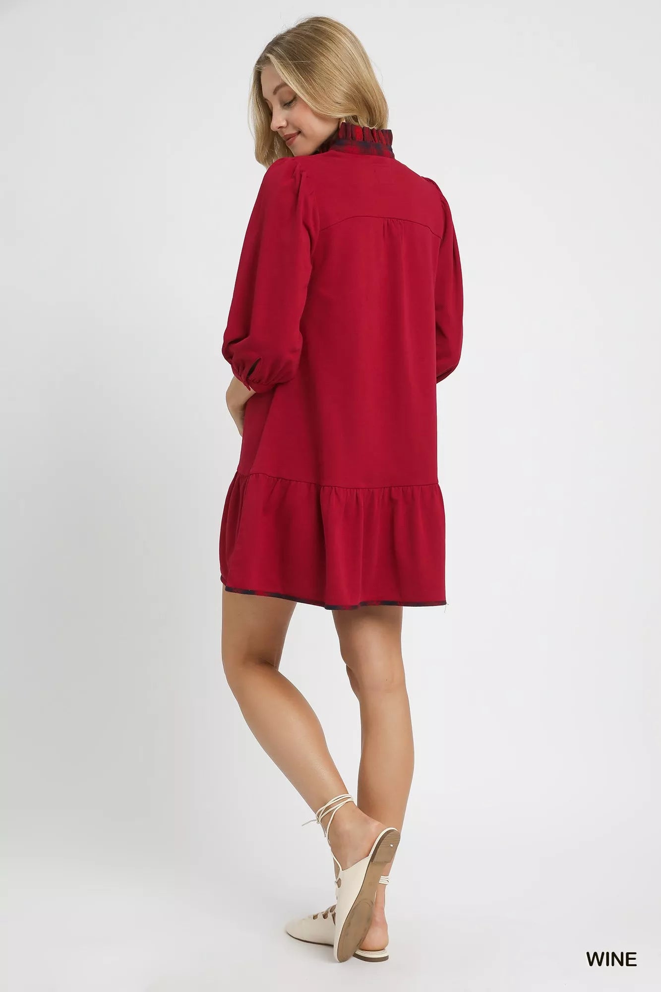 Umgee Wine French Terry Ruffle Hem Dress with Plaid Trim