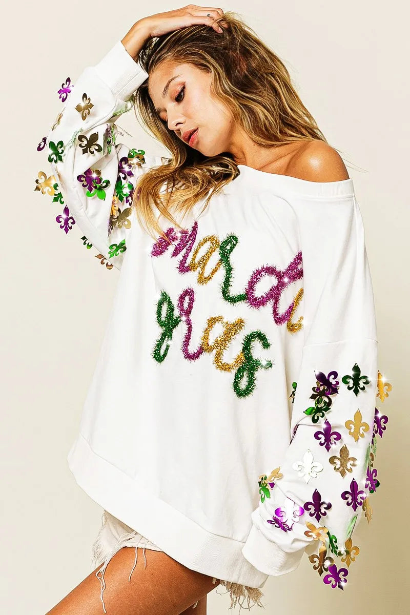 BiBi Off White Fleur De Lis Sleeve Mardi Gras Pullover