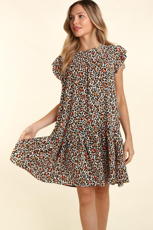 Haptics Taupe Leopard Print Tiered Ruffle Sleeve Woven Dress Dresses