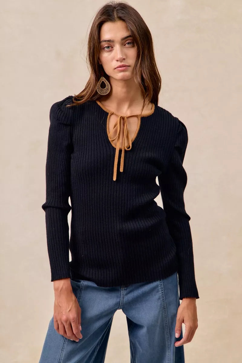 BiBi Black & Camel Ribbed Contrast Front Tied Top with Shrried BLACK CAMEL