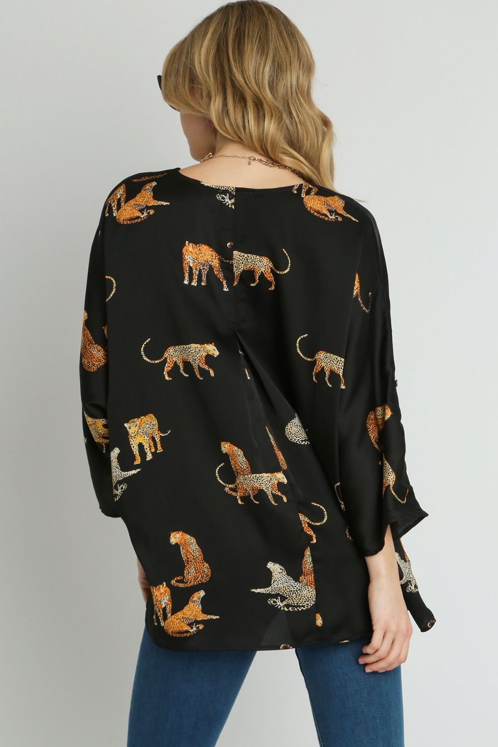 Umgee Black High-Low Satin Animal Print V-Neck Blouse