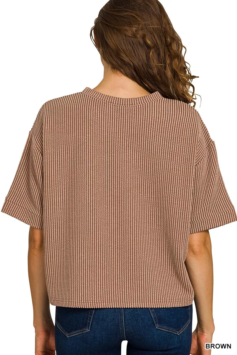 Zenana Brown Raised Rib Short Sleeve Tee & Pants Set