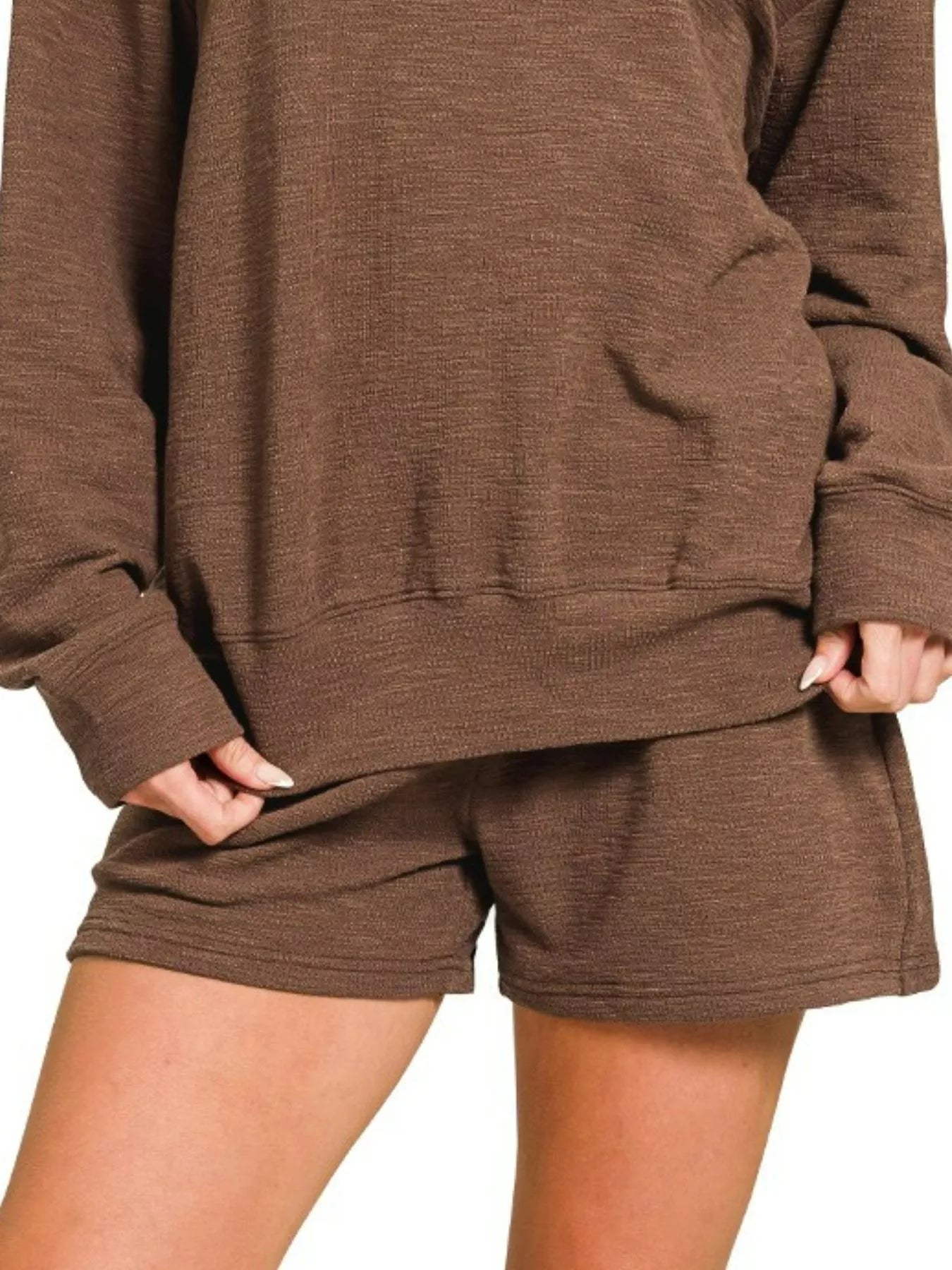 Zenana Brown Slub Long Sleeve Top and Shorts Set
