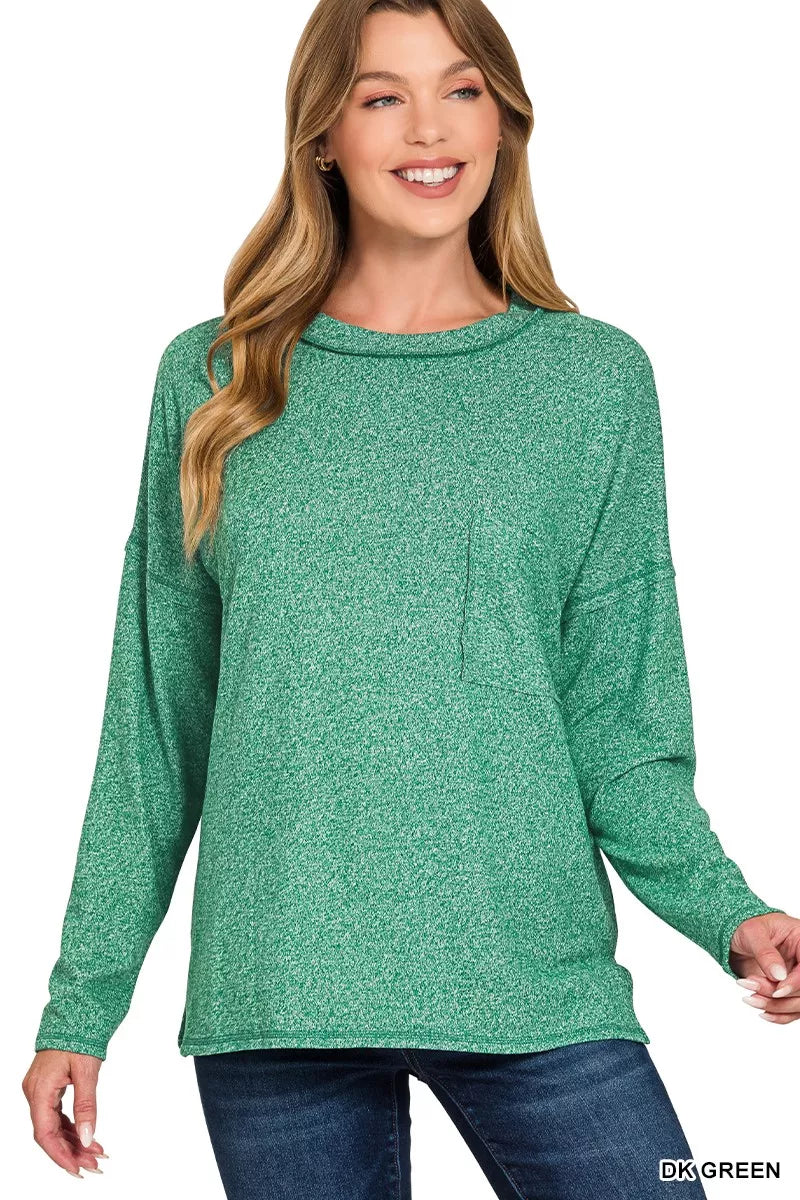 Zenana Dark Green Soft Melange Hacci Round-Neck Long Sleeve T-Shirt DK GREEN